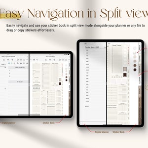K&ouml;nnte beinhalten: Ein Screenshot einer digitalen Planer-App auf einem iPad, der eine geteilte Bildschirmansicht zeigt. Die linke Seite zeigt einen Wochenplaner mit dem Datum "6. M&auml;rz 2023". Die rechte Seite zeigt ein Stickerbuch mit verschiedenen Symbolen, Formen, Zahlen und W&ouml;rtern. Der Text "Easy Navigation in Split View" wird oben im Bild angezeigt.