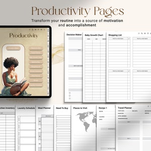 Undated Black Girl Digital Planner with productivity pages including decision maker, baby growth chart, shopping list, meal planner, travel planner, and kitchen inventory. Fully hyperlinked for Goodnotes and Notability on iPad.