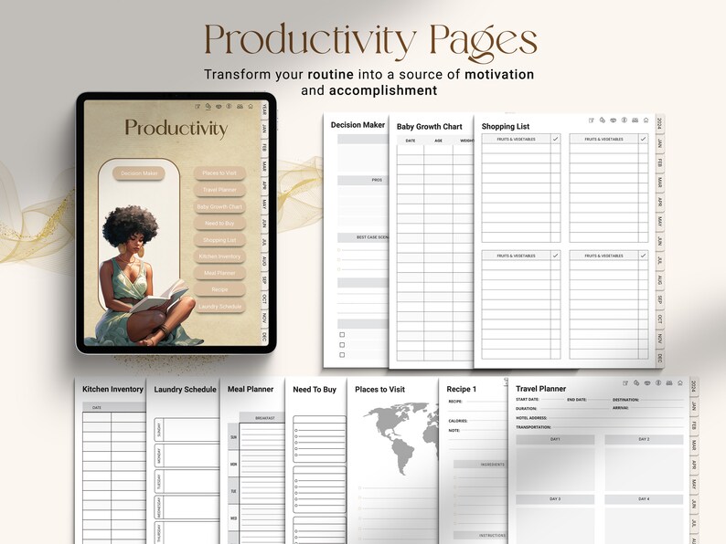 Undated Black Girl Digital Planner with productivity pages including decision maker, baby growth chart, shopping list, meal planner, travel planner, and kitchen inventory. Fully hyperlinked for Goodnotes and Notability on iPad.
