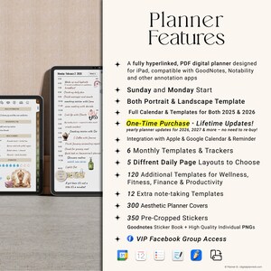 Digital planner features list – dated 2025 & 2026, one-time purchase, lifetime updates, Apple & Google calendar integration, Goodnotes compatible