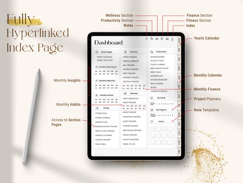 Undated Black Girl Digital Planner hyperlinked index page with dashboard navigation, showing quick access to wellness, finance, productivity, yearly and monthly sections on iPad for Goodnotes and Notability.