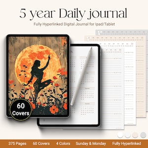 Könnte beinhalten: Ein digitales Tagebuch mit 60 Covern, 375 Seiten und 4 Farben. Das Tagebuch ist vollständig verlinkt und für die Verwendung auf einem iPad oder Tablet konzipiert. Das Titelbild zeigt eine Silhouette einer Frau, die vor einem großen orangefarbenen Mond tanzt.