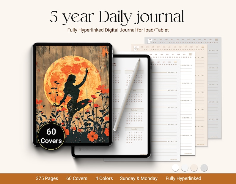 5-year daily journal with 375 pages, 60 covers, 4 colors, fully hyperlinked, and compatible with iPad/tablet featuring Sunday and Monday start options. Displayed with an artistic floral cover and digital pages for organization and planning