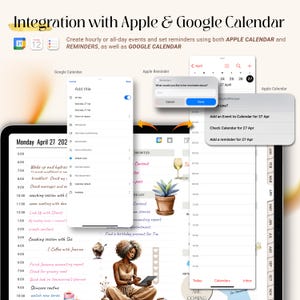 May include: Digital planner integration with Apple and Google Calendar. The image shows a tablet and phone screens with calendar and reminder app interfaces. The planner includes a daily schedule, to-do lists, and a woman with an afro.