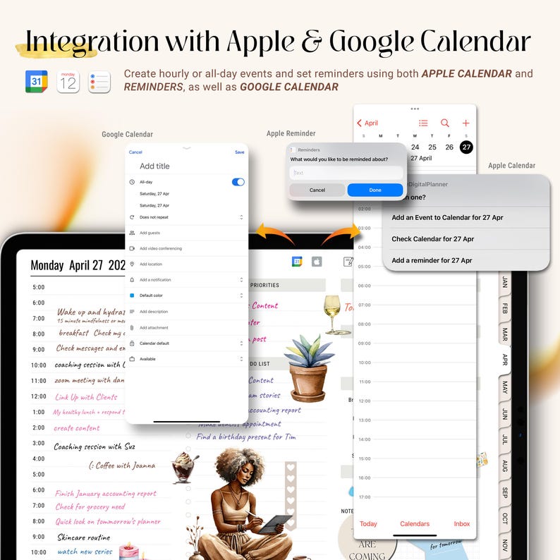 May include: Digital planner integration with Apple and Google Calendar. The image shows a tablet and phone screens with calendar and reminder app interfaces. The planner includes a daily schedule, to-do lists, and a woman with an afro.