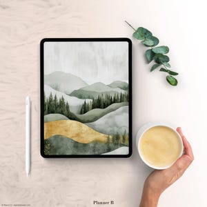 May include: A digital planner cover featuring a watercolor illustration of rolling hills with a gold accent. The hills are green and gray with a cloudy sky in the background. The text "Planner B" is at the bottom of the image.
