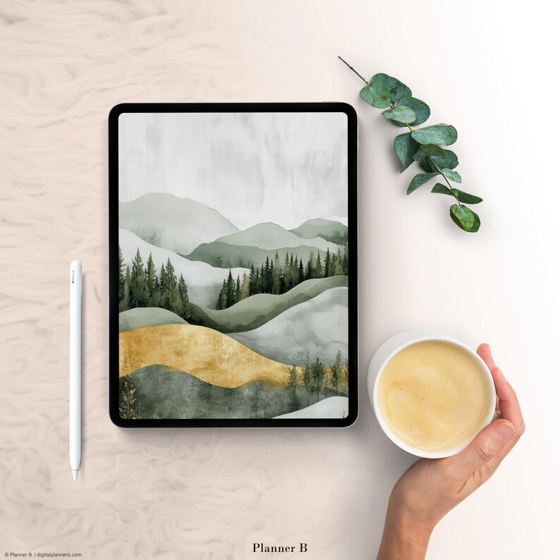 May include: A digital planner cover featuring a watercolor illustration of rolling hills with a gold accent. The hills are green and gray with a cloudy sky in the background. The text "Planner B" is at the bottom of the image.