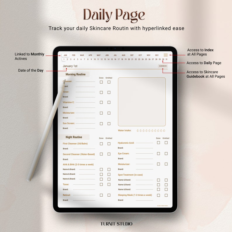 Op de afbeelding: Een printbare dagelijkse huidverzorgingsroutine-tracker met een kalender, vinkjes en ruimte om productnamen en merken in te vullen. De tracker is ontworpen om gebruikers te helpen hun ochtend- en avondroutine voor huidverzorging bij te houden.