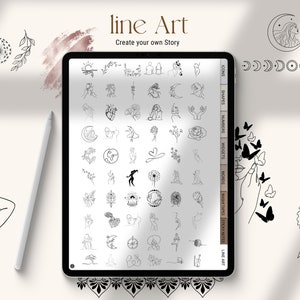 K&ouml;nnte beinhalten: Ein digitaler Tablet-Bildschirm zeigt eine Sammlung von Line-Art-Illustrationen, darunter Symbole, Formen, Zahlen, Widgets, W&ouml;rter und mehr. Der Text "line Art" und "Create your own Story" ist oben auf dem Bildschirm sichtbar.