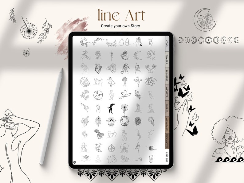 K&ouml;nnte beinhalten: Ein digitaler Tablet-Bildschirm zeigt eine Sammlung von Line-Art-Illustrationen, darunter Symbole, Formen, Zahlen, Widgets, W&ouml;rter und mehr. Der Text "line Art" und "Create your own Story" ist oben auf dem Bildschirm sichtbar.