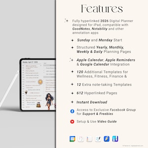 May include: A digital planner for iPad, featuring a white stylus and a tablet displaying a daily schedule. The planner includes features like Apple Calendar integration, templates, and a Facebook group for support.
