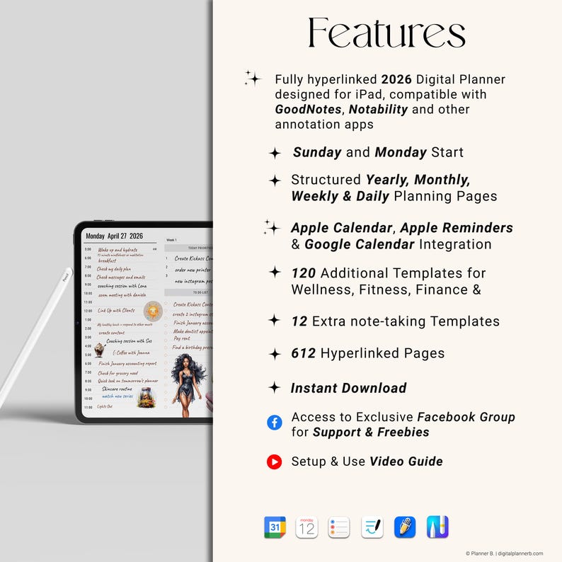 May include: A digital planner for iPad, featuring a white stylus and a tablet displaying a daily schedule. The planner includes features like Apple Calendar integration, templates, and a Facebook group for support.