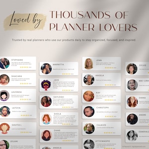 Customer reviews showing five-star feedback from happy buyers of digital planners, journals, and sticker books by Planner B, with the title “Loved by Thousands of Mindful Planners”.