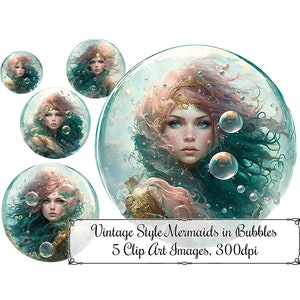 Vintage Style Mermaids in Bubbles Clip Art, Peachy Pink and Teal Colors, Digital Art Instant Download 300 ppi PNG Images