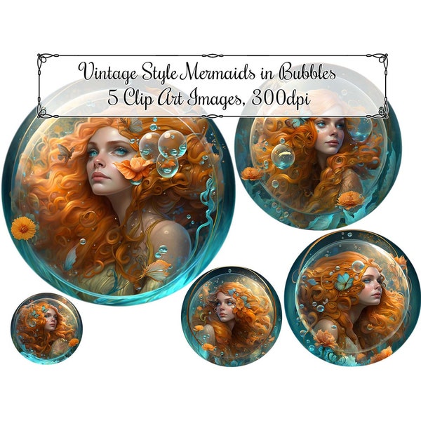 Vintage Style Mermaids in Bubbles Clip Art, Red hair, Orange and Teal Colors, Digital Art Instant Download 300ppi PNG Images