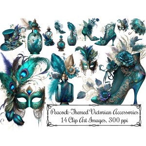 Victorian Peacock Themed Clip Art, Teal Blue Feathered Clipart Bundle, Realistic Digital Art Instant Download 300ppi PNG Images