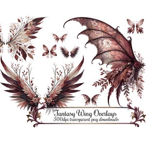 Images clipart ailes de fée des bois, superpositions d'ailes fantastiques, téléchargement immédiat d'art numérique 300 DPI PNG, bordeaux rustique et rose poussiéreux Version 2