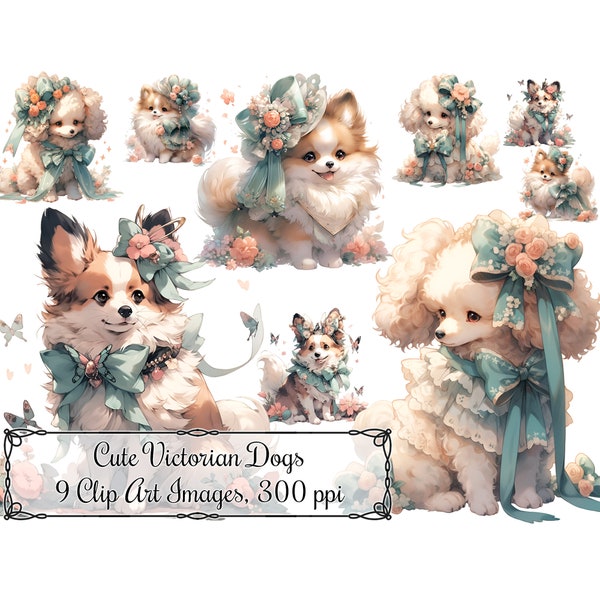 Cute Dogs Clip Art, Victorian Style Puppies Digital Art Instant Download 300 DPI PNG Images, Mint Green Aqua and Peach Coral Colors