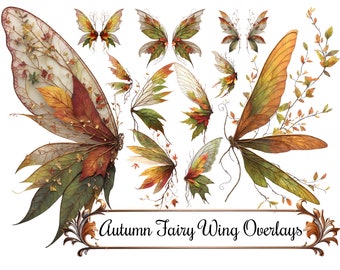 Autumn Fairy Wings Clip Art, Fantasy Wing Overlays Digital Art Instant Download 300 DPI PNG Images, Olive Green, Orange, Red Fall Leaves