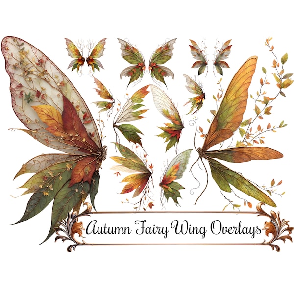 Autumn Fairy Wings Clip Art, Fantasy Wing Overlays Digital Art Instant Download 300 DPI PNG Images, Olive Green, Orange, Red Fall Leaves