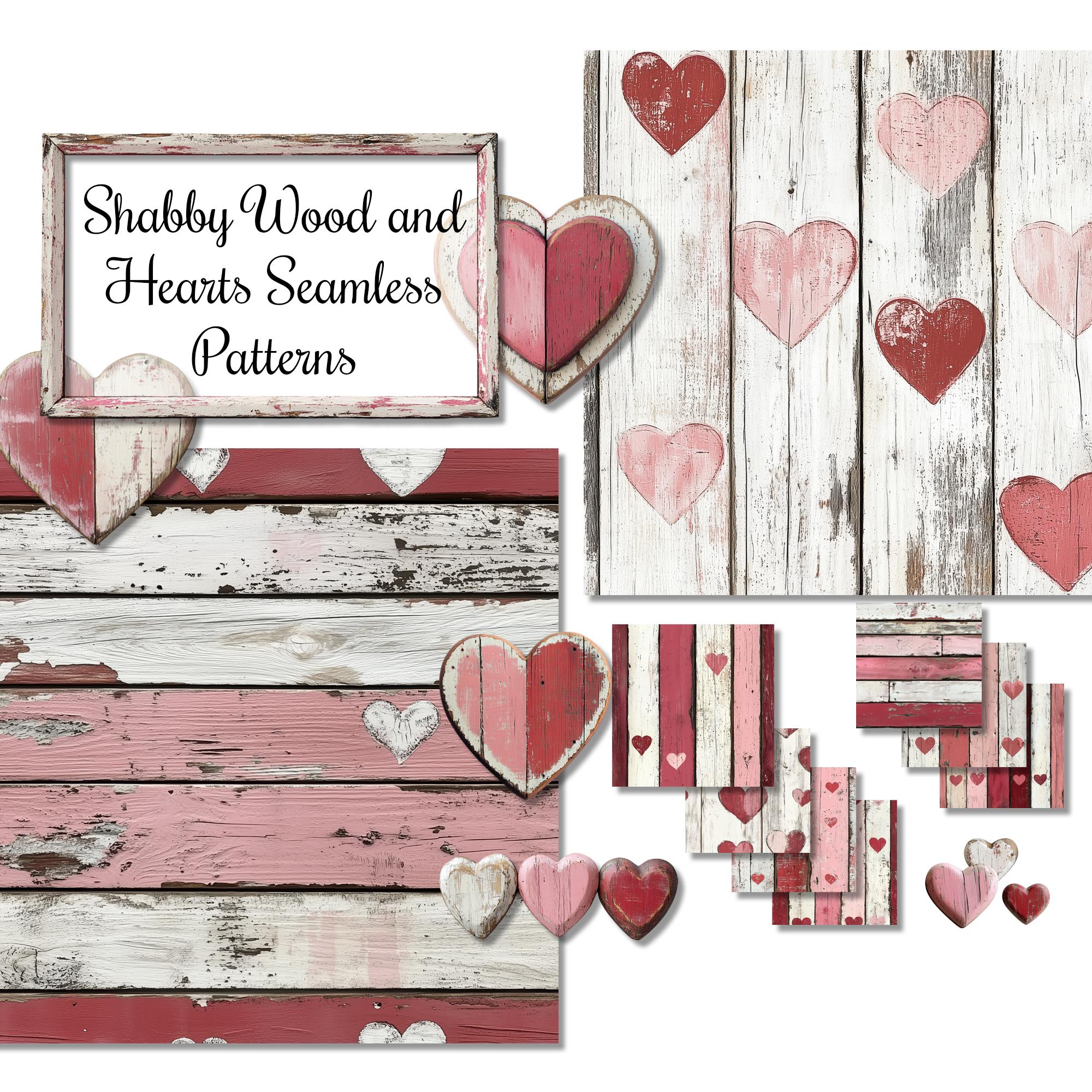 Shabby Weathered and Painted Wood Seamless Pattern Bundle, Commercial Use Files, Red Pink and White Heart Designs