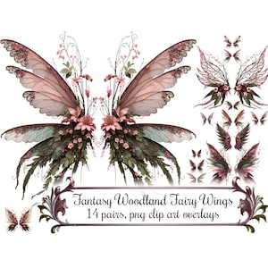Ailes de fée fantastique des bois Clip Art, superpositions de PNG, téléchargement immédiat d'art numérique 300 DPI Images PNG, fleurs et branches rouge rose et vert