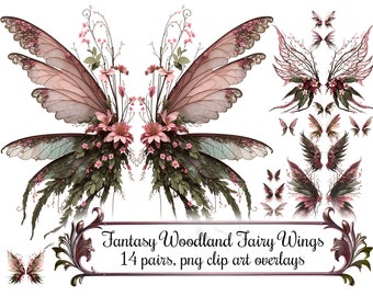 Woodland Fantasy Fairy Wings Clip Art, PNG Overlays Digital Art Instant Download 300 DPI PNG Images, Red Pink and Green Branches and Flowers