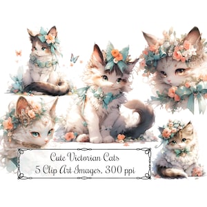 Clipart chat mignon, illustration de style victorien art numérique téléchargement immédiat 300 DPI Images PNG, vert menthe aqua et couleurs corail pêche
