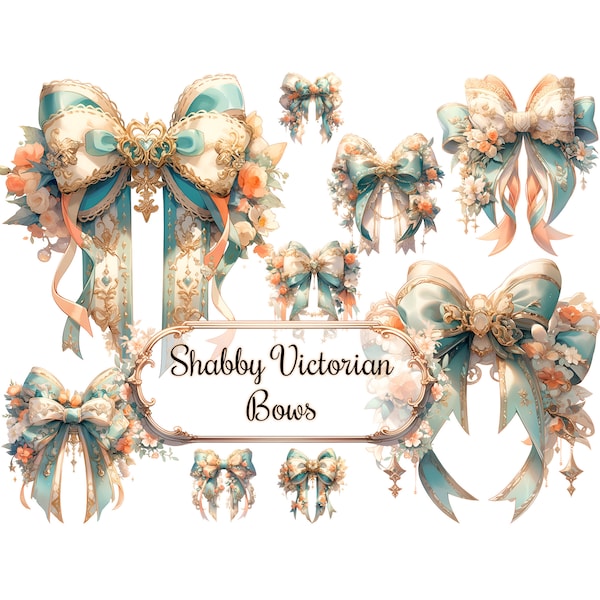 Shabby Bows Clip Art, Victorian Style with Lace and Ribbon, Peach and Aqua Mint Green, Clipart Bundle, Digital Instant Download PNG Images