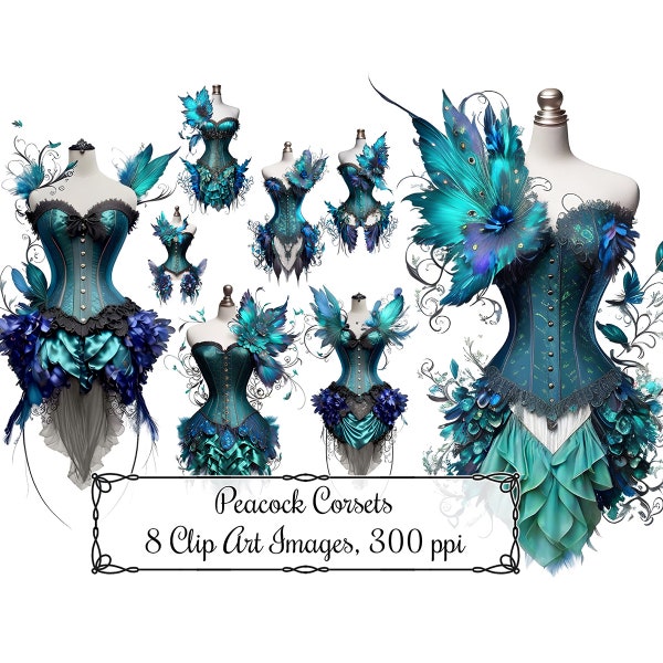 Fantasy Peacock Corsets Clip Art, Teal Blue Feathered Clipart Bundle, Realistic Digital Art Instant Download 300ppi PNG Images