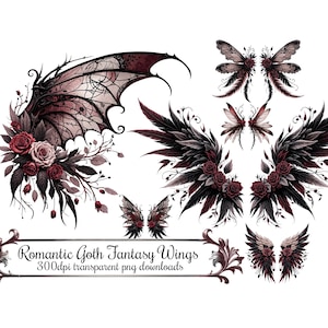 Alas de fantasía gótica romántica, imágenes prediseñadas digitales de alas de hada góticas, descarga instantánea PNG, con rosas, encaje y plumas.