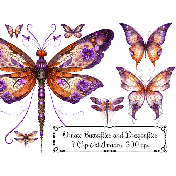 Ornate Dragonfly and Butterfly Illustration Clip Art, Orange and Purple Ornamental Insects Digital Art Instant Download 300 ppi PNG Images
