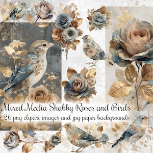Clip Art e Papel Shabby Mixed Media para Scrapbooking Digital, Pássaros e Rosas, Bege Azul Poeira com Dourado Metálico, Downloads Instantâneos