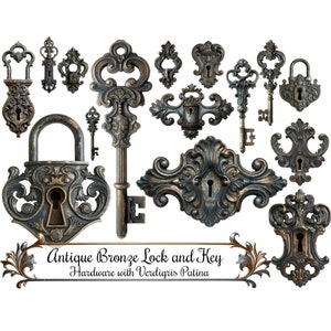 Bronze Grünspan Patina Antikes Schloss und Schlüssel Viktorianische Elemente, Vintage-Stil Clip Art PNG Digital Art Sofortiger Download 300 DPI PNG-Bilder