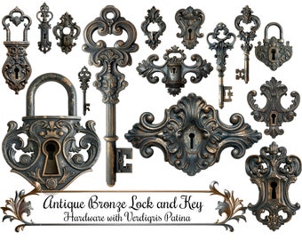 May include: Antique bronze lock and key hardware with verdigris patina. The set includes a padlock, a large ornate key, and several smaller keys and lock plates.