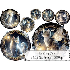 Images clipart chats fantastiques, style vintage avec des lanternes et des fleurs, téléchargement immédiat d'art numérique 300 ppp Images PNG