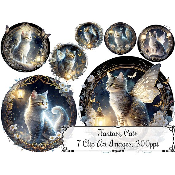 Fantasy Cats Clip Art, Vintage Style with Lanterns and Flowers, Digital Art Instant Download Bundle 300 ppi PNG Images