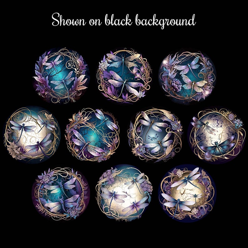 May include: Ten round, ornate, gold-colored frames with purple and blue dragonfly designs on a black background. Each frame features a different dragonfly design with intricate details.