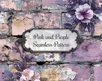 Commercial Use Seamless Pattern, Purple Pink Peach Shabby Floral Brick Wall Seamless Paper, 300dpi 12-inch Printable Scrapbooking Design