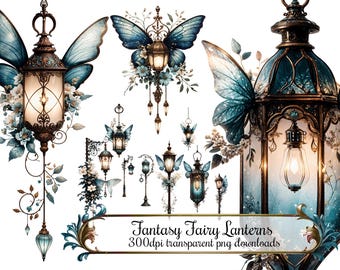 Puede incluir: Un conjunto de 10 imágenes digitales de linternas de hadas con alas de mariposa azules y detalles florales. Las linternas son doradas y azules con un estilo vintage. Las imágenes son de 300 dpi y descargas PNG transparentes. Fantasy Fairy Lanterns 300dpi transparent png downloads