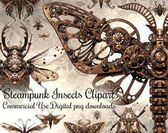 Puede incluir: Un conjunto de clipart digital de insectos steampunk, que incluye mariposas, escarabajos y libélulas. Los insectos están hechos de engranajes y piñones de metal, y tienen una estética vintage e industrial. El clipart es perfecto para scrapbooking, creación de tarjetas y otros proyectos de manualidades.