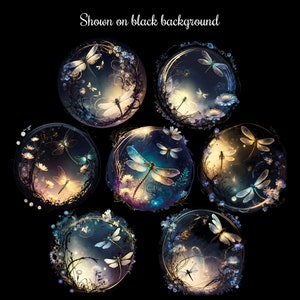 May include: Seven circular images of iridescent dragonflies with intricate floral designs and glowing lights, set against a black background.  The dragonflies are in various poses and colors, with a delicate, ethereal feel.