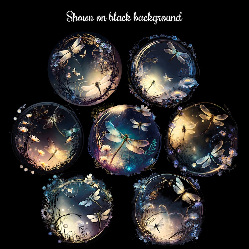 May include: Seven circular images of iridescent dragonflies with intricate floral designs and glowing lights, set against a black background.  The dragonflies are in various poses and colors, with a delicate, ethereal feel.