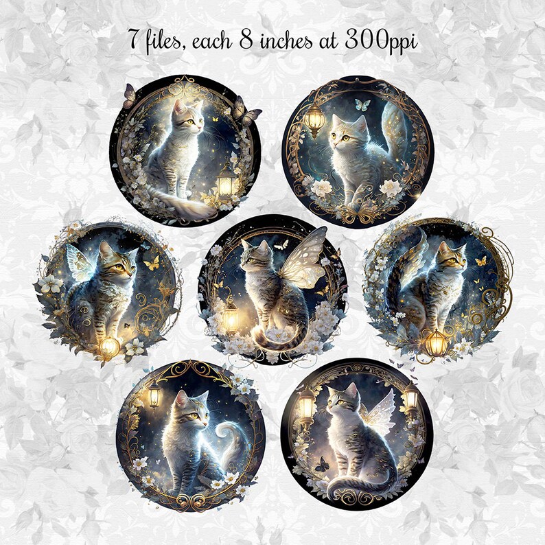 Puede incluir: Siete ilustraciones digitales de gatos con alas de hada, cada una en un marco circular con un fondo azul oscuro, flores blancas y una linterna dorada. Los gatos se representan con ojos brillantes y un aura m&aacute;gica.
