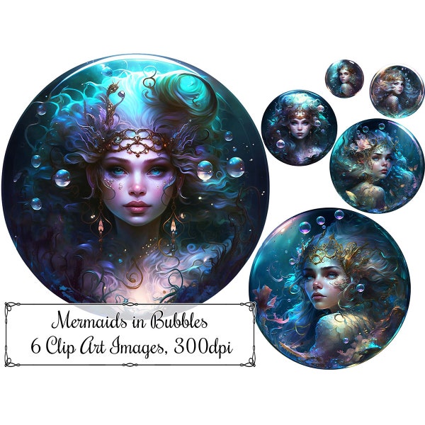 Fantasy Mermaids in Bubbles Clip Art, Glowing Purple and Teal Bioluminescent Colors, Digital Art Instant Download 300ppi PNG Images