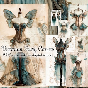 Imágenes prediseñadas de diario basura con corsé de hadas victoriano JPEG, arte desgastado en verde azulado polvoriento, imágenes prediseñadas digitales imprimibles de descarga instantánea