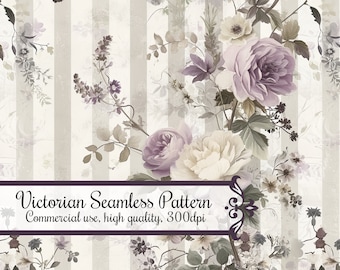 Commercial Use Seamless Pattern, Beige and Lavender Striped Floral Victorian Wallpaper Design, 300dpi 12-inch Printable Scrapbooking Paper