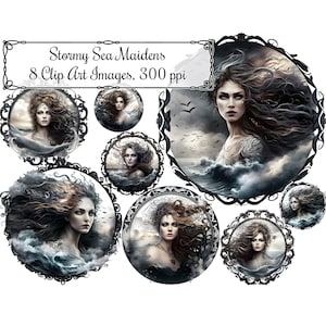 Stürmische Seejungfrauen Fantasy Clip Art, lila, Nautische Göttin Thema hochwertige digitale Kunst Sofortiger Download 300 ppi PNG-Bilder