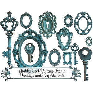 Shabby Teal Rahmen-Overlays und antike viktorianische Schlüsselelemente, bemalte Holz Clip Art PNG Digital Art Sofortiger Download 300 DPI PNG-Bilder