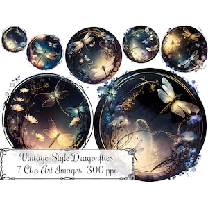 May include: Seven vintage-style dragonfly clip art images in a dark blue and gold color scheme. The dragonflies are surrounded by flowers and glowing lights. The text "Vintage-Style Dragonflies 7 Clip Art Images, 300 ppi" is at the bottom of the image.